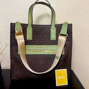 Large Logo Michael Kors Tote Bag. Color: Brown & Light Army Green